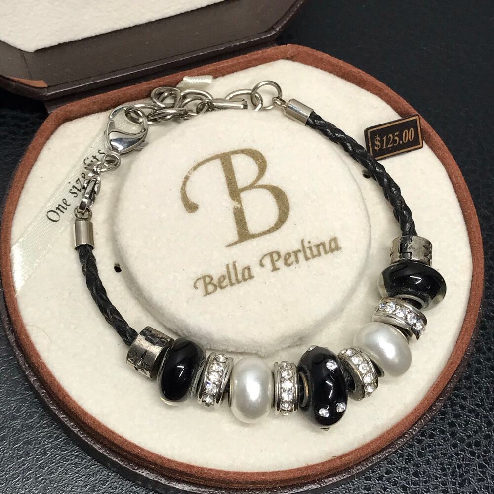 NIB Bella Perlina Charm Bracelet Rhinestone Pearl Black White Silver Glass Beads